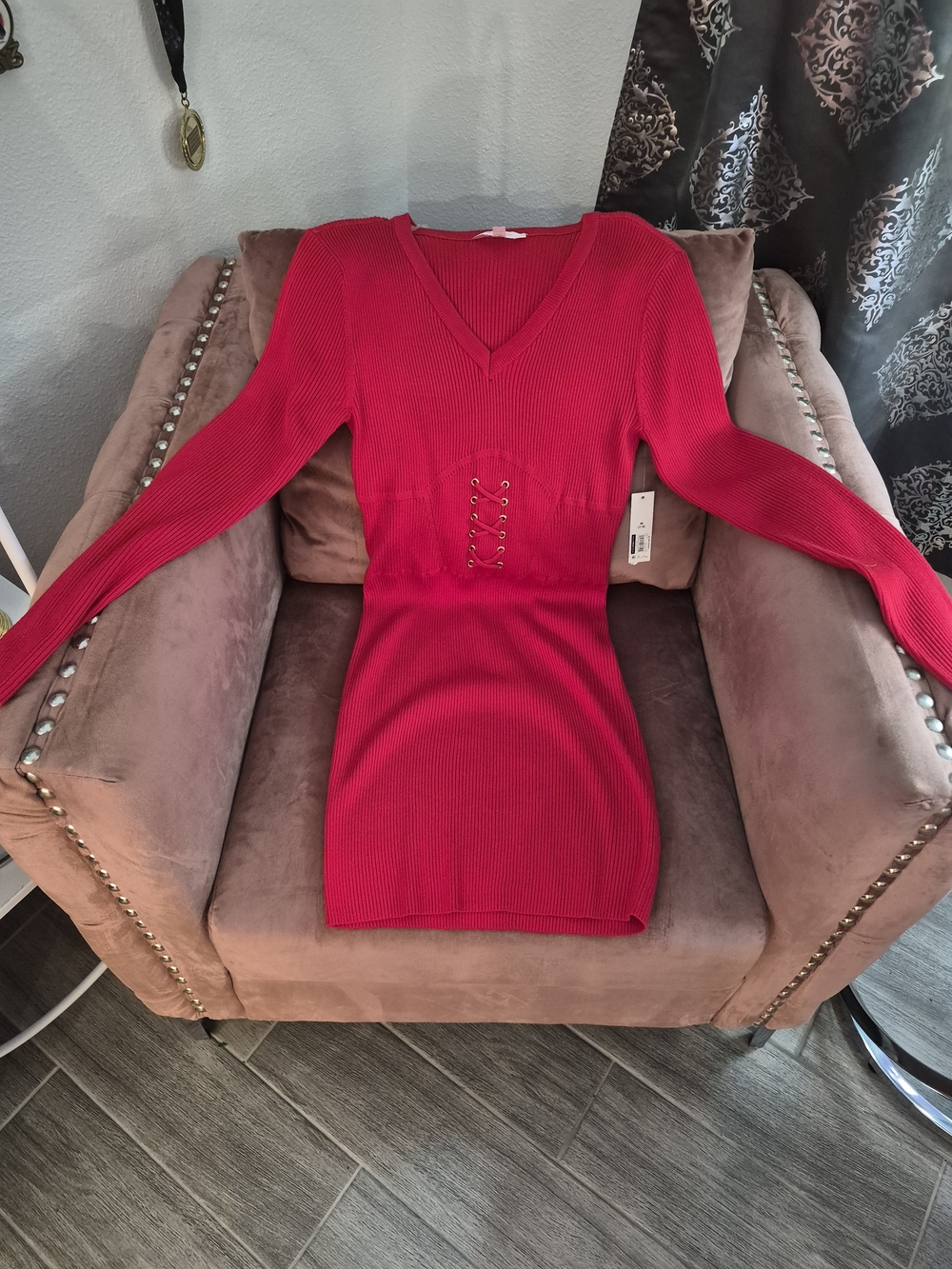 Forever 21 Red Ribbed V-Neck Lace-Up Waist Long Sleeve Dress